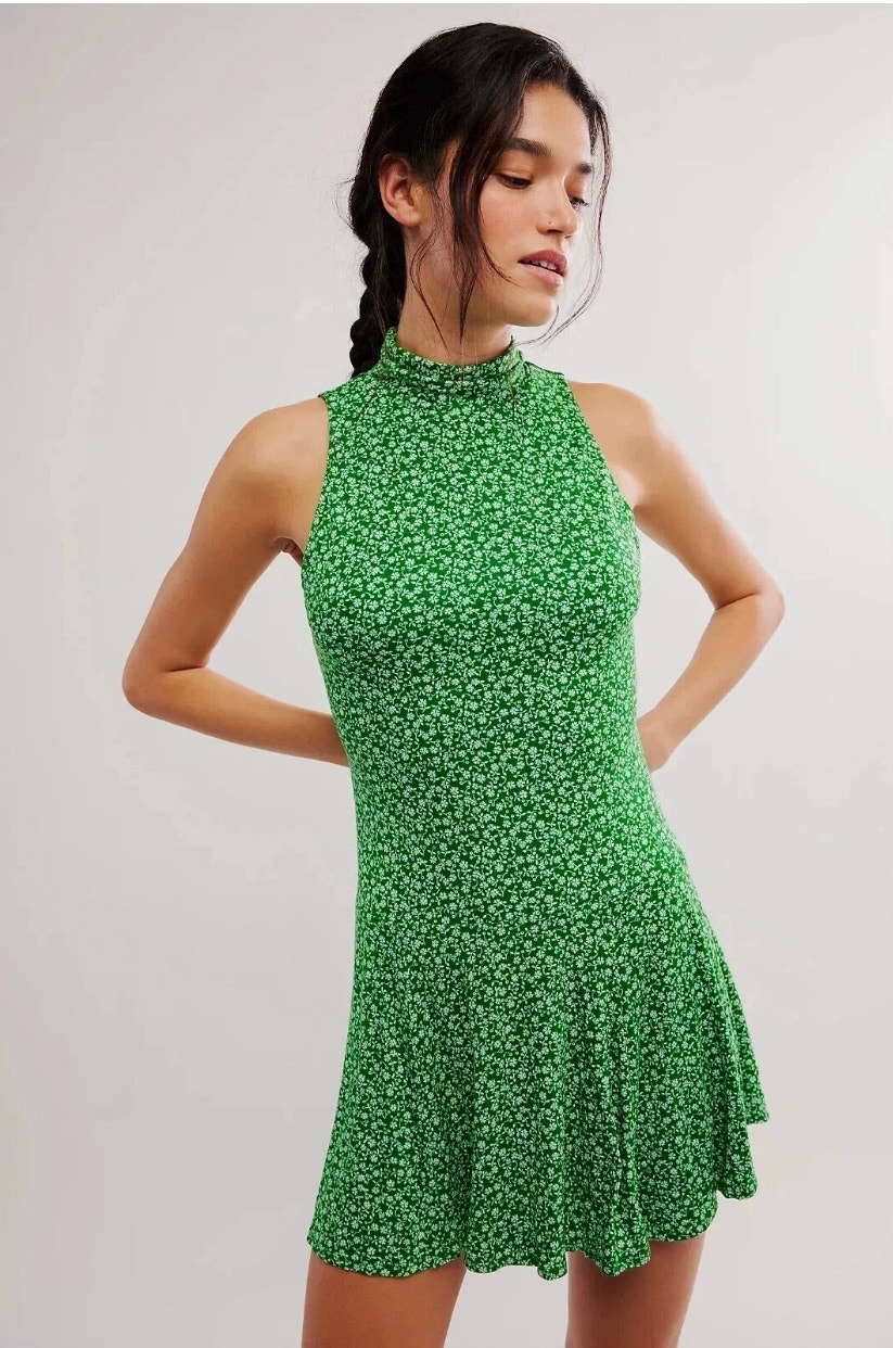 Nwt Free People Green Floral Mini Dress Halter High Neck Women's Size Medium